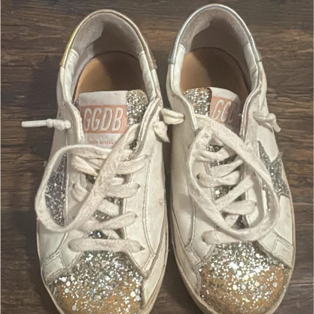 Kids (Girls) Golden Goose Silver and Gold Glitter Sneakers